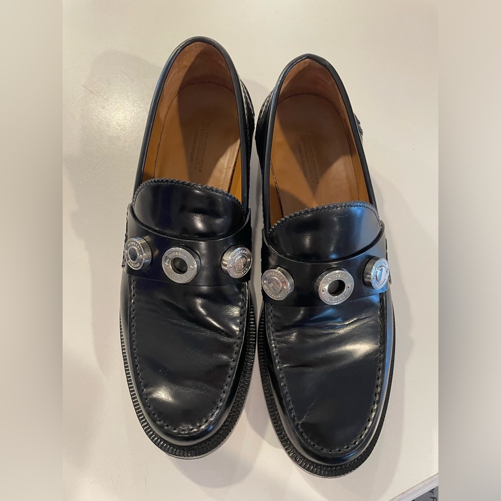 Burberry London black patent loafers studded Broadbrook